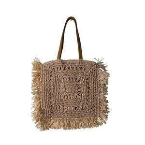 Tamara Square Tote Bag With Fringe Design & Faux Leather Straps - Blush Color